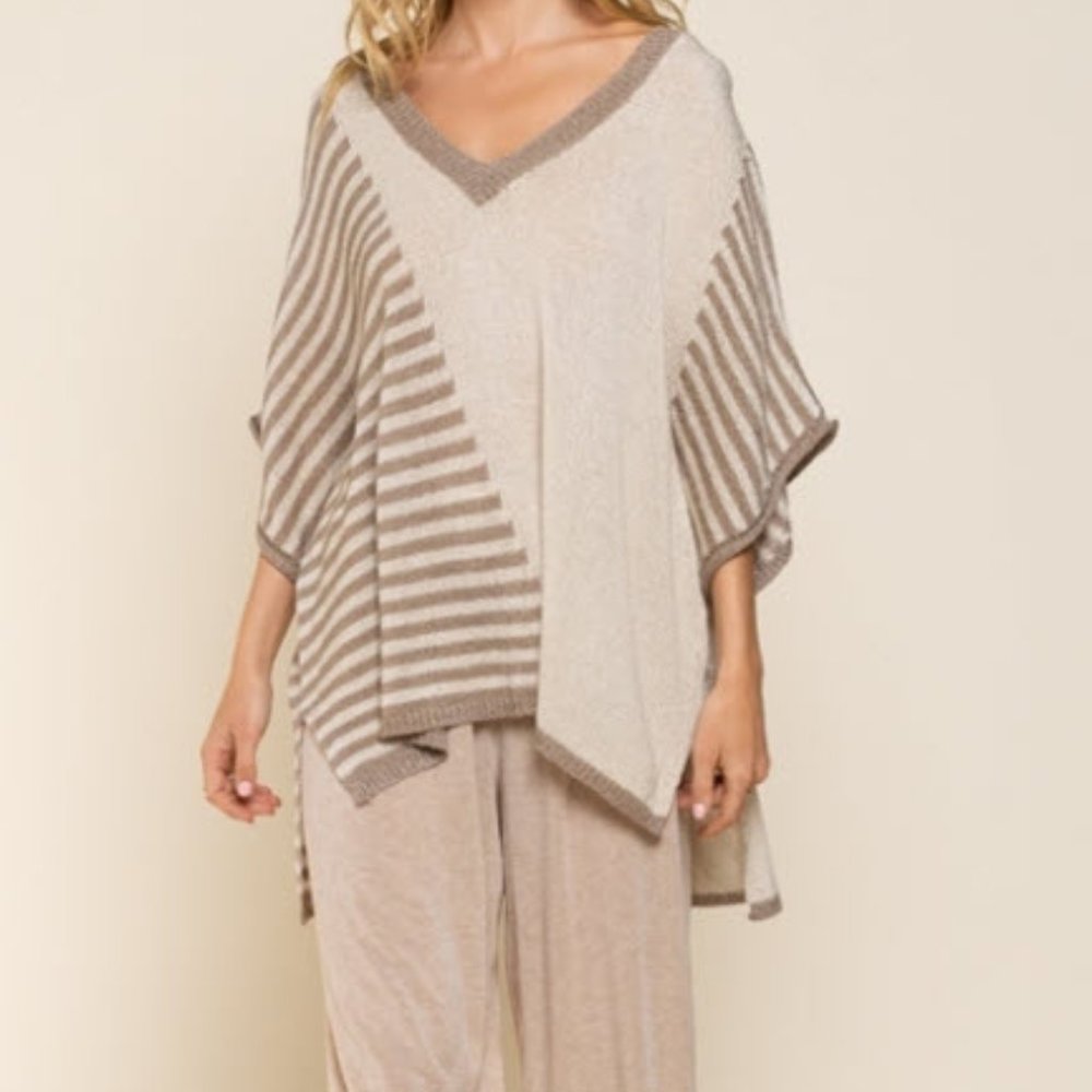 POL Striped V-Neck Knit  Sweater in Beige & Taupe